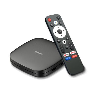 Porodo Android TV Box, Video Streaming, 2GB RAM, 8GB ROM, Voice Command, Quad-Core, 4K Ultra HD, Android 9.0, Unlimited Streaming - Black