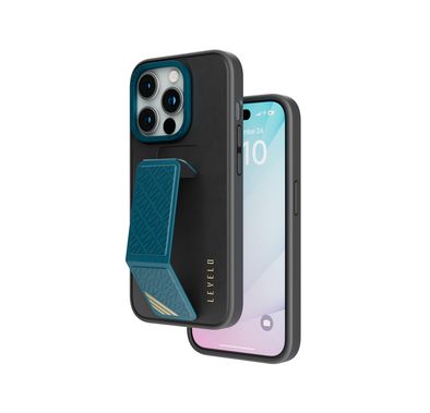 Levelo Morphix Leather Case for iPhone 15 Pro with Kickstand Grip - Black/Blue