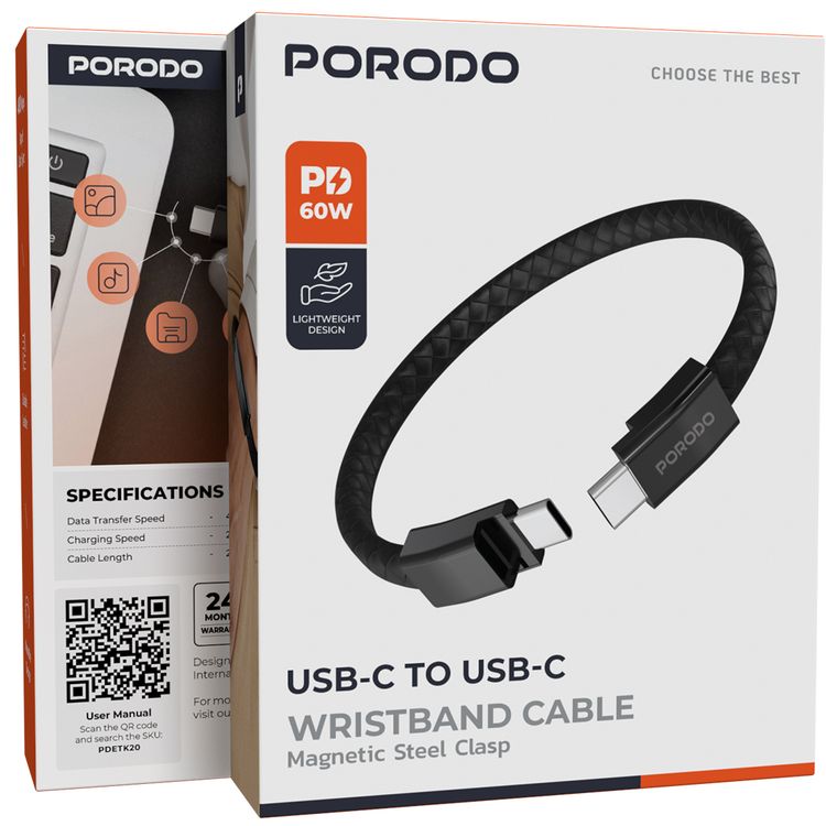 Porodo USB-C to USB-C Wristband Cable with Magnetic Steel Clasp, 60W Power Delivery, 480Mbps Data Transfer Speed, Wearable Design, 20cm Cable Length, PU Leather & Zinc Alloy Material - Black
