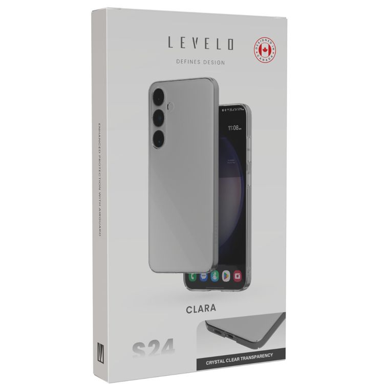غطاء Levelo Clara Crystal Clear الشفاف لهاتف Samsung Galaxy S24، صلابة 3H، حواف مضادة للصدمات، طلاء مقاوم للخدوش والبقع، مواد عالية الجودة - شفاف