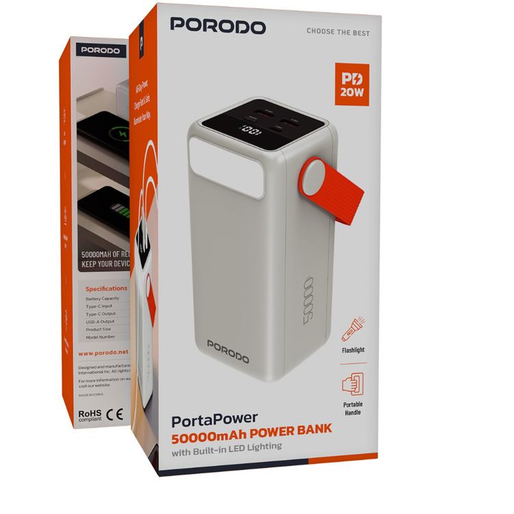 باور بانك بورودو بورتا باور 50000 مللي أمبير/ساعة مع إضاءة LED مدمجة، PD 20 واط، مخرج USB-A بحد أقصى 22.5 واط، مصباح يدوي، مقبض محمول، منافذ إخراج متعددة، ميزات حماية ذكية، شحن سريع - أبيض
