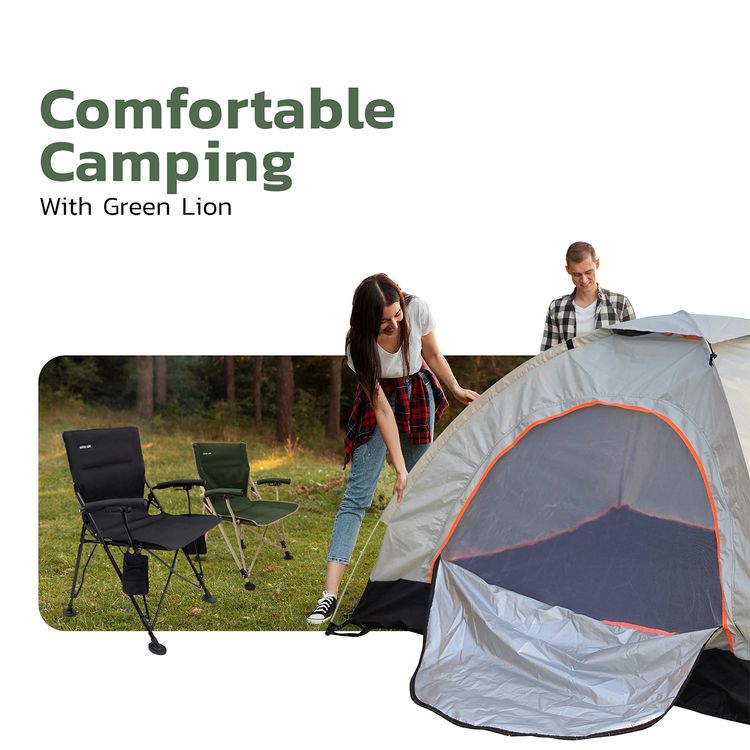 Green Lion Outdoor Camping Chair With Carrying Bag with Durable Fabric Oxford 600D Material, Bottle Holding Pocket, Camping Friendly, Easy to Carry - Dark Green