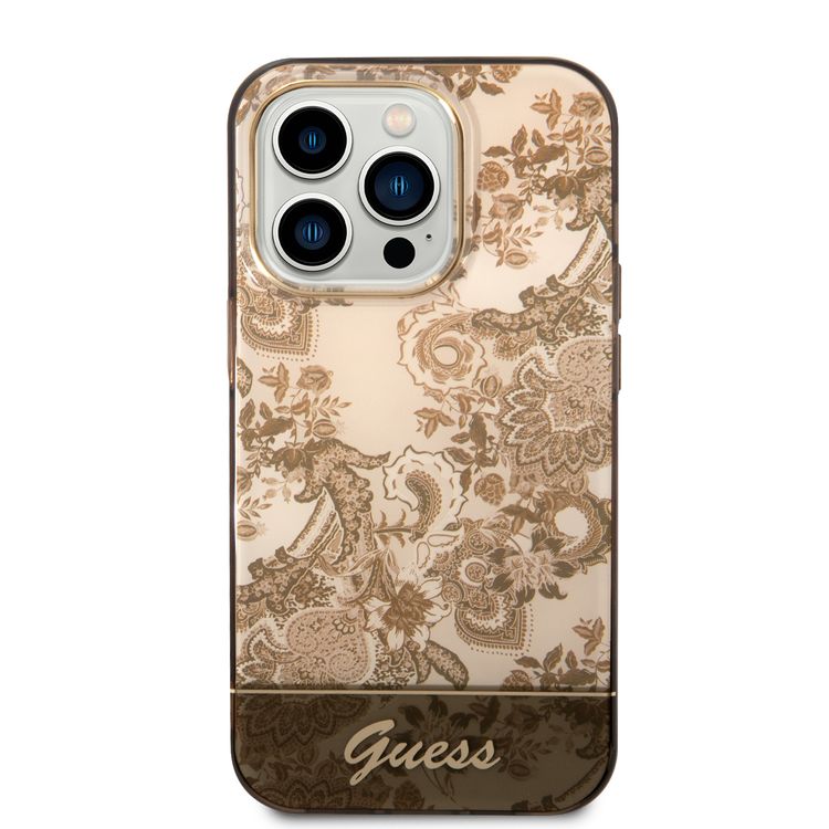 Guess PC/TPU IML Case With Double Layer Electroplated Camera Outline & Toile De Jouy - iPhone 14 Pro - Ochre