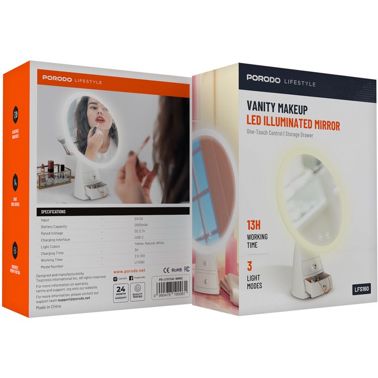 Porodo Vanity Makeup LED Illuminated Mirror with Built-in Dual Storage Drawer, Up to 13 Hours Working Time, 2000mAh Battery, Smart One-Touch Control, Yellow, Natural & White Lights, Brightness Memory Function - White / Rose Gold