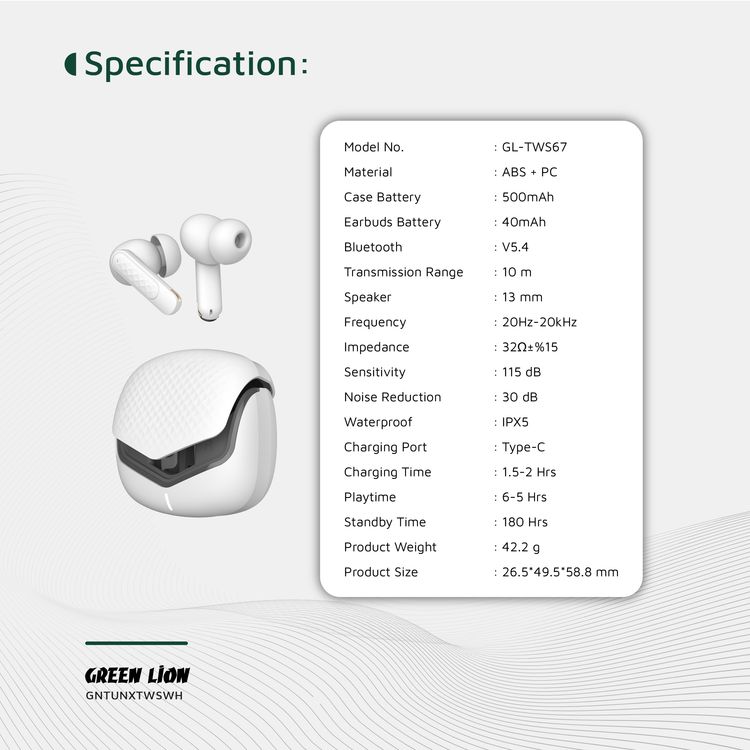 Green Lion Tune X Wireless Earbuds Tune with Touch Control, IPX3 Water Resistance Level, Type-C Charging Port, Bluetooth Version 5.4, In-App Control, ABS + PC Material - Withe