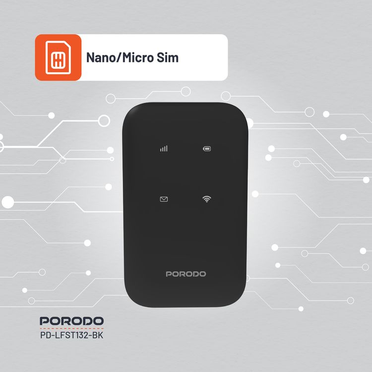 Porodo 4G Wireless Pocket Router with Secure Encryption, 10 Connected Devices, 3000mAh Battery Capacity, 8.5 Hours Working Time, Type-C Charging Port, WiFi 6 Standard, Lightweight and Portable - Black