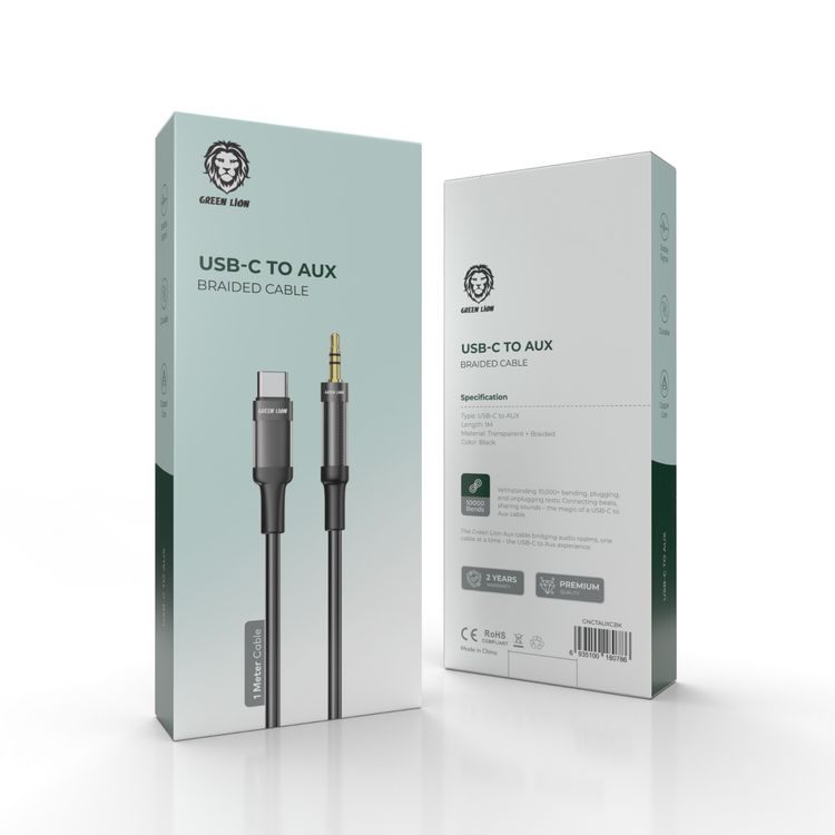 Green Lion USB-C to AUX Braided Cable with 10000 Bends Lifespan, 1m Cable Length, Stable Signal, Copper Core, Transparent + Braided - Black