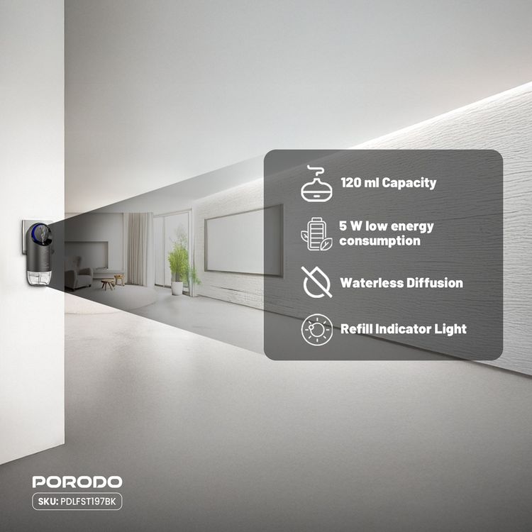 Porodo Wall Plug-in Essential Oil Diffuser with Customizable Mist Intervals, 120mL Capacity, 200-250m³ Coverage Area, 60s, 180s & 360s Timer Settings, Refill Indicator Light, Waterless Diffusion - Black