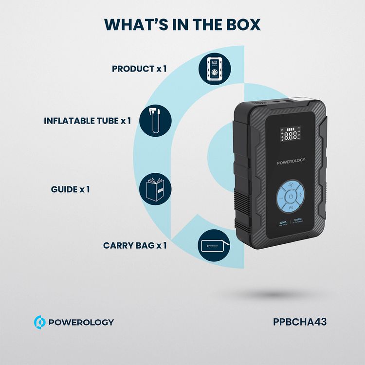 ضاغط هواء Powerology 20000mAh Power Bank Jump Start، أقصى وقت شحن 7.0±1.0 ساعة، PD 45 وات، ذروة التيار 3000 أمبير، محرك سعة 8 لتر - أسود 