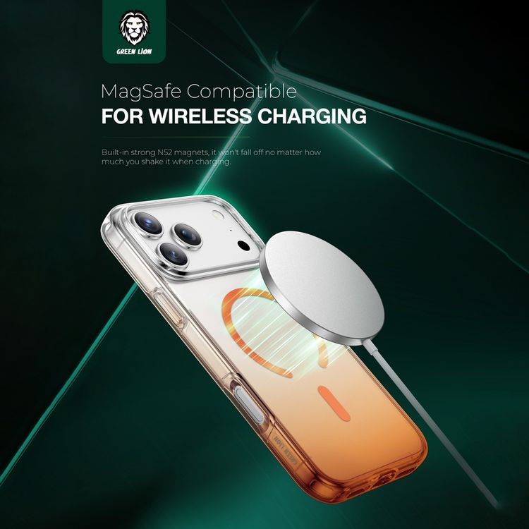 Green Lion Gradient Magsafe Case for iPhone 17 Pro Max, Powerful Magnetic Lock, Antioxidant Layer, Scratch Resistant, Anti-Yellowing, Drop Protection, Air Cushion, Non-Slip Grip - Orange