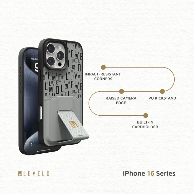 حافظة Levelo Morphix Gripstand مع حامل بطاقات لهاتف iPhone 16 Pro، حامل بطاقات مدمج، زوايا مقاومة للصدمات، ملمس نحيف بدون غطاء، حافة كاميرا مرتفعة، مادة فائقة المتانة