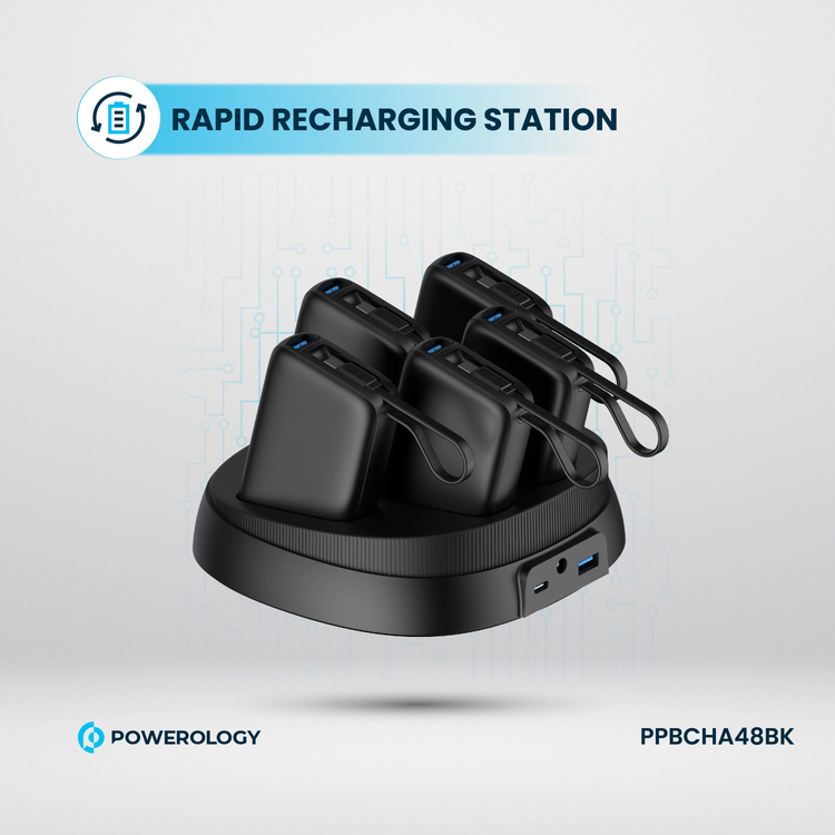 Powerology 5 x 10000mAh Power Bank Station with 50W PD, USB-A, USB-C, Type-C Built-in Cable, 12V/1A Max Contact Input, Rapid Recharging Station, High-Density Batteries, Type-C Built-in Cable, 5V/3A Total Output, Built-in Safeguards - Black