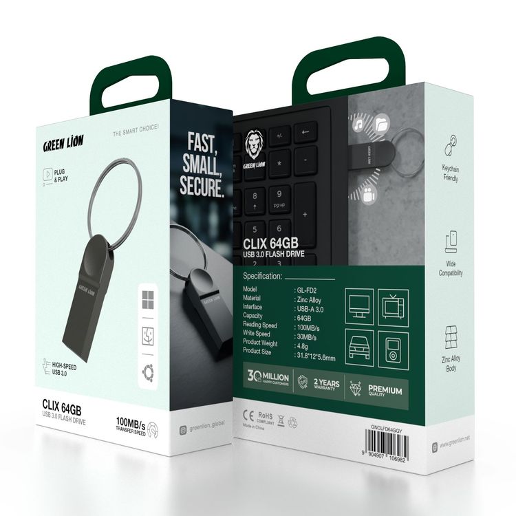 Green Lion CLIX 64GB USB 3.0 High Speed Flash Drive, Keychain Friendly, Plug & Play, 30MB/s Write Speed, 100MB/s Reading Speed, Zinc Alloy Body, Wide Compatibility - Gray