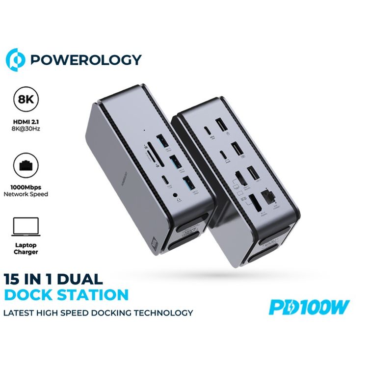 Powerology 15 in 1 Dual Dock Station, 40Gbps Data Speed, 100 Mbps Network Speed, PD 100W, 3.5mm Audio Jack - Gray 