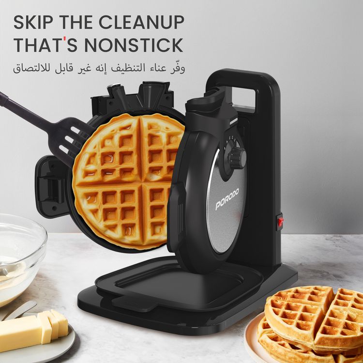 Porodo Vertical Waffle Maker with 5 Heat Levels, 210mL Capacity, 800W Power, Up to 5:30 Minutes Waffle Making Time, Non-Stick Plate, Batter Tray - Black