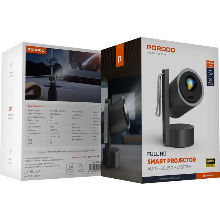 Porodo Full HD Portable Smart Projector with Auto-Focus & Keystone, 65W Power Consumption, 1080 pixels Resolution, Up to 150-inch Projection Size, 2 Hours Battery Life, 30000 Hours Light Source Life, 5000mAh Battery Capacity, 3-inch HD LCD Display, 250 ANSI Brightness, Bluetooth Version 5.0 - Gray