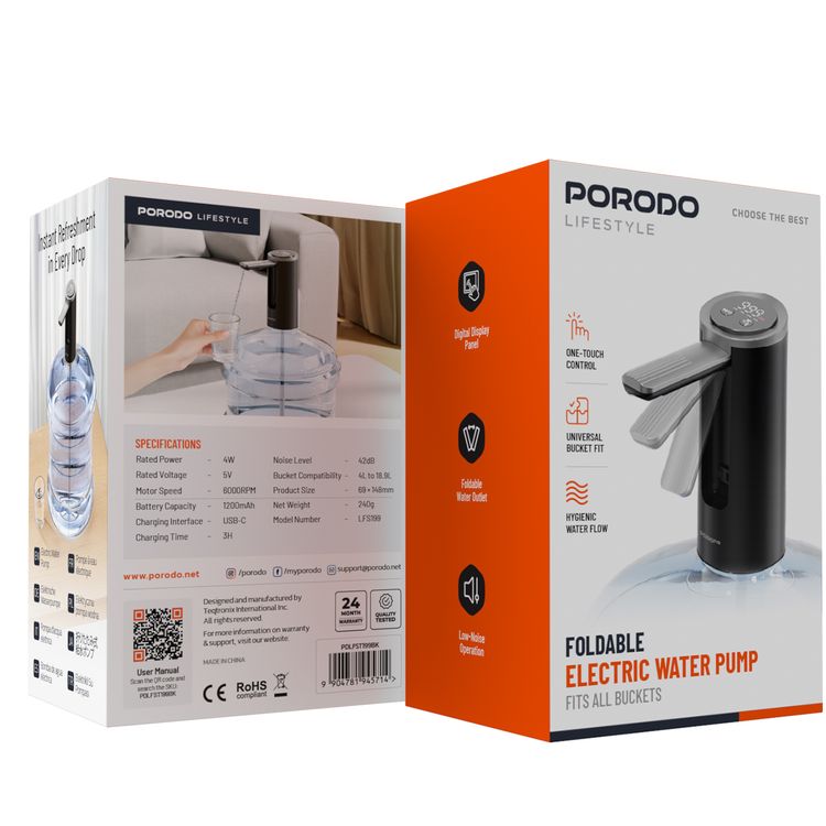 Porodo Lifestyle Foldable Electric Water Pump with 1200mAh Battery Capacity, 6000RPM Motor Speed, 4W Rated Power, 4-18.9L Bucket Capcacity, Quantative Pumping, Rechargeable Battery, Digital Display, Compact & Portable - Black