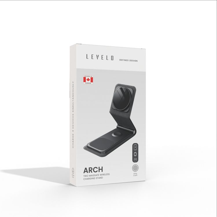 حامل شحن لاسلكي جلدي 3 في 1 من Levelo Arch، تصميم مدمج، شاحن 3 في 1، متوافق مع MagSafe - رمادي