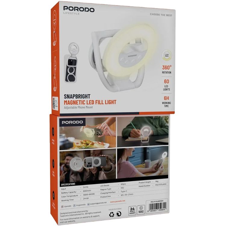 Porodo Lifestyle Snapbright Magnetic LED Fill Light with Adjustable Phone Mount, Up to 6 Hours Working Time, 800 mAh Battery Capacity, 3 Light Modes, Adjustable Angle Flexibility, 60 LED Beads, USB-C Charging Port - White