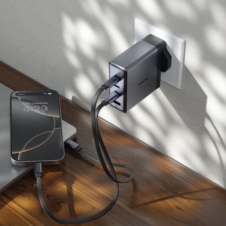 Green Lion GaNPremium Wall Charger with PD 140W, QC 3.0 30W, 100W PPS, 1× USB-A & 3× USB-C Ports, PC Flame Retardant Material, 3-Pin UK Power Plug, Fast Charge Support, GaN Technology - Gray