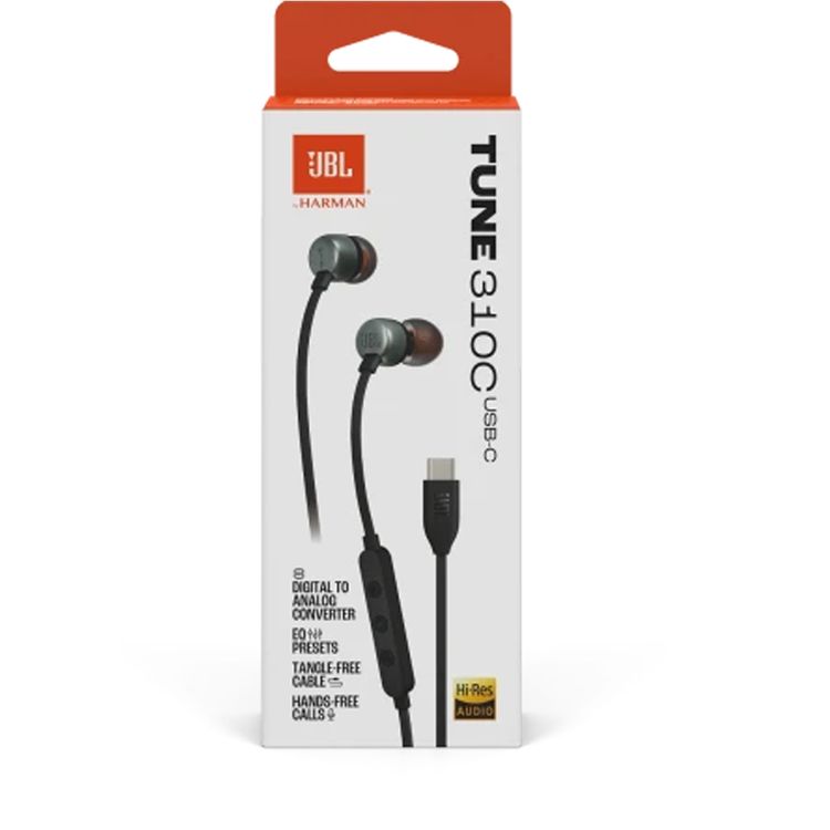 JBL T310C USB-C Wired Earphones, High Resolution Audio, Tangle-Free Flat Cable, Digital to Analog Converter, Compatible with PCs/Mobiles/Gaming Consoles, Pure Bass Sound - Black