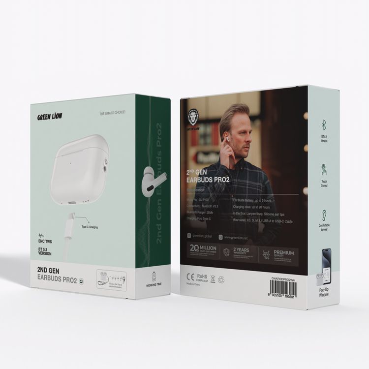سماعات Green Lion 2nd Gen Earbuds Pro 2 مع كابل USB-A إلى USB-C، 4 أحجام من رؤوس السيليكون للأذن وحلقات للربط، تحكم باللمس، حتى 25 ساعة من وقت التشغيل، منفذ شحن USB-C، نافذة منبثقة، تكنولوجيا ENC، مدى بلوتوث 25 متر - اللون الأبيض.