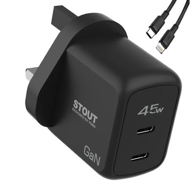 Pawa Stout Gan Travel Charger With Dual PD port, Type-C to Lightning, Type-C to C (35W,45W,65W) - Black