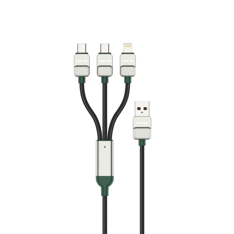 كيبل جرين لايون ٣ في ١ المجدول الكهرو مطلي بطول 1.2 متر، من USB-A إلى Lightning & وصلة USB-C مزدوجة، مع عمر يصل إلى 10000 انحناءة، مصنوع من مادة الألمنيوم والزنك، قدرة تصل إلى 12 واط لمخرج Lightning، تصل إلى 15 واط لمخارج USB-C - لون أخضر / أسود