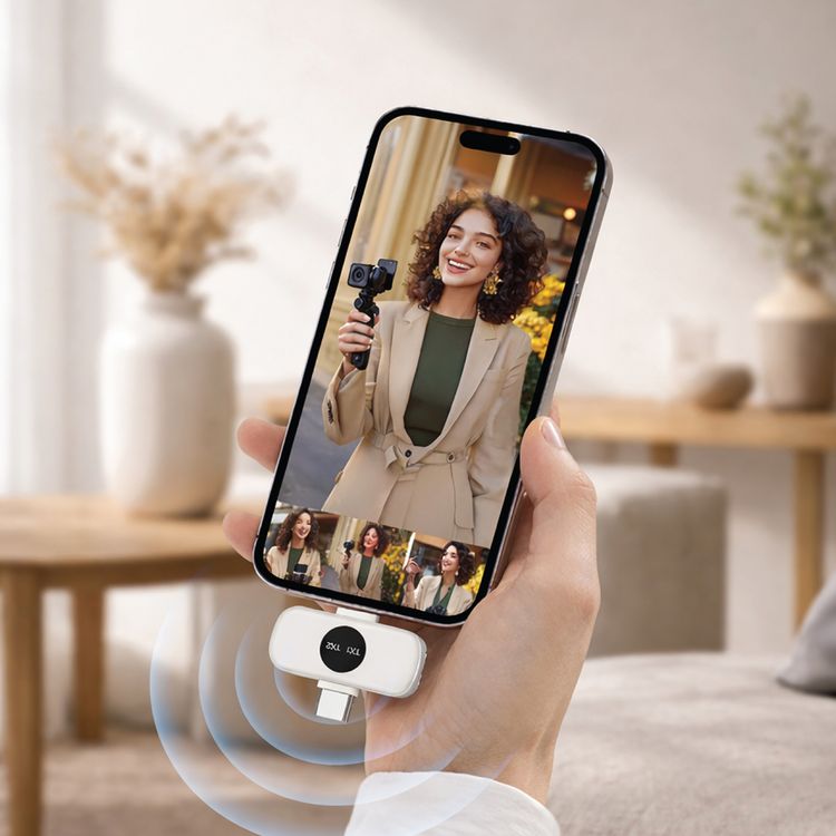 Green Lion GM-91X Lavalier Microphone with 15 Hours Play Time, Digital Display, Noise Reduction, Compatible with USB-C & Lightning Devices, Reverb Mode, Auto Pairing, Ultra-Low Latency, 20m Wireless Freedom, USB-C Charging Port, 360° Omnidirectional, Magnetic Clip-On - Beige