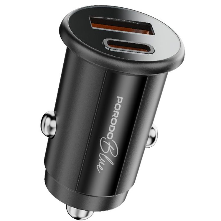 Porodo Blue Dual Port 30W Car Charger with Type-C to Type-C Cable, USB-C & USB-A Ports, 15W Shared Output, Polycarbonate Material - Black