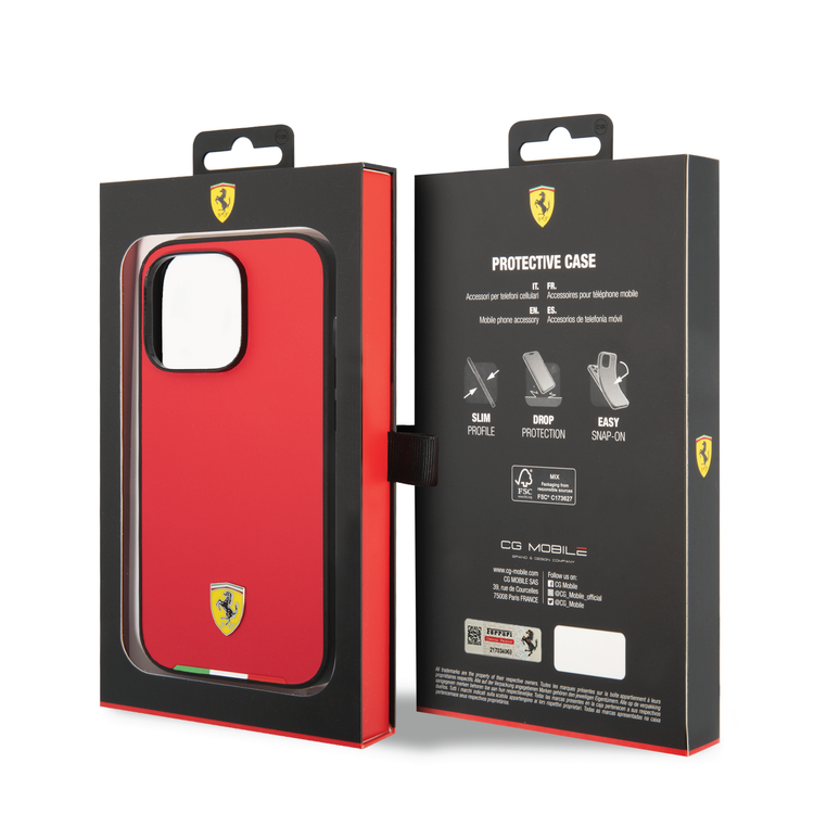 CG Ferrari Magsafe Compatibility Hard PU Smooth Case with Italian Flag Line & Metal Logo iPhone 14 Pro Compatibility - Red