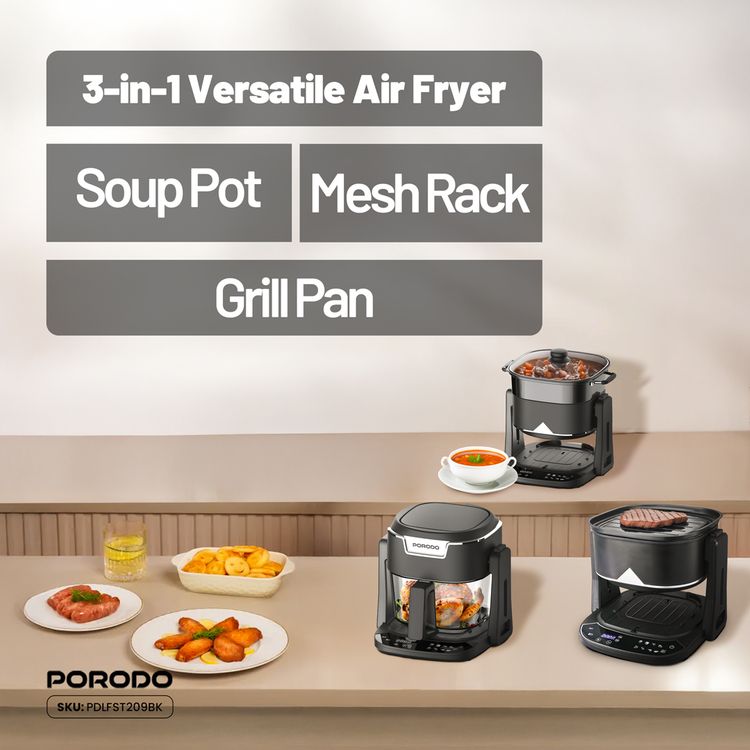 Porodo Lifestyle Quick Flip 3-in-1 Air Fryer, Grill & Hot Pot with 4.5L Capacity, 1200-1400W Rated Power, UK 3-Pin Plug, 360° Turbo Heat Technology, 100% Visible Glass Basket - Black