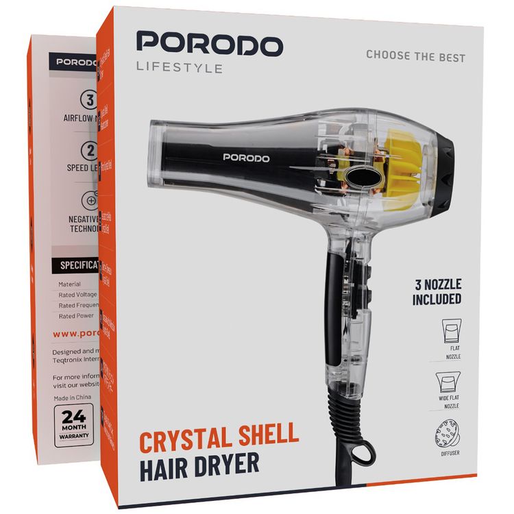 Porodo Lifestyle Crystal Shell Hair Dryer with 3 Airflow Modes, 2000W Rated Power, Removable Filter, Overheating Protection, 2 Speed Levels - Black