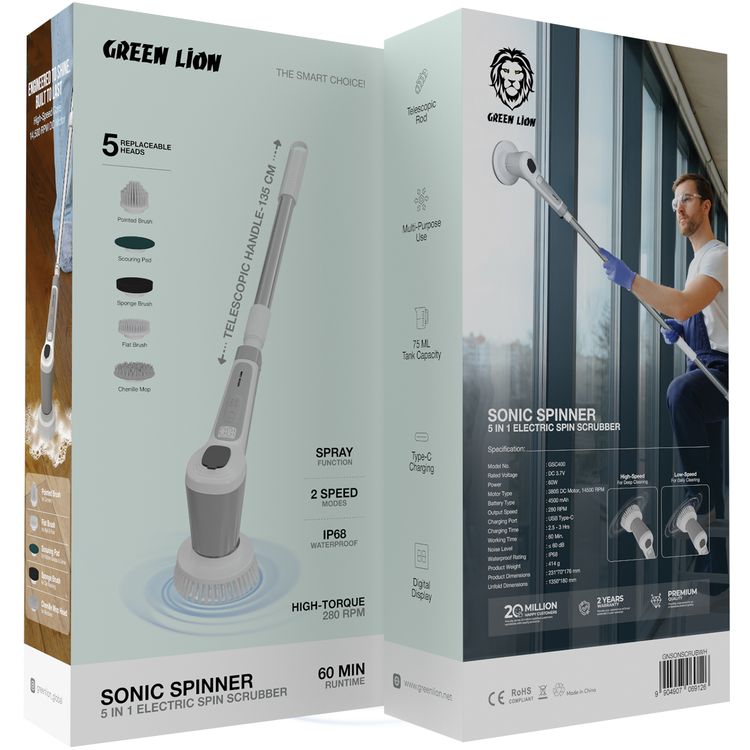 ممسحة كهربائية دوارة 5 في 1 من جرين ليون سونيك سبينر مع شاشة رقمية، تصل مدة العمل إلى 60 دقيقة، بقوة 60 واط، وضعين للسرعة، وظيفة الرش، عصا تلسكوبية، سعة خزان 75 مل، بطارية 4500 مللي أمبير - أبيض