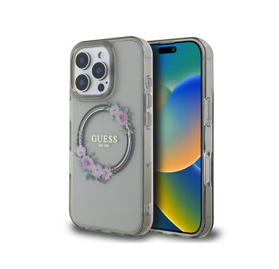 Guess Magsafe IML Hard Case with Flower Wreath Design for iPhone 16 Pro Max, Lightweight, Comfortable and Secure Grip, High Quality Material - Black