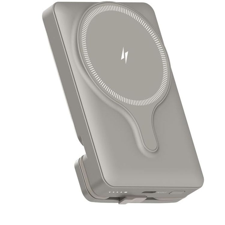 Powerology Car Mount 5000mAh Power Bank with Magnetic Wireless Charger, MagSafe Charging, PD 20W Fast Charge, Folding Air-Vent Clip, LED Indicator, Built-In Type-C Cable, Lightweight & Portable - Titanium