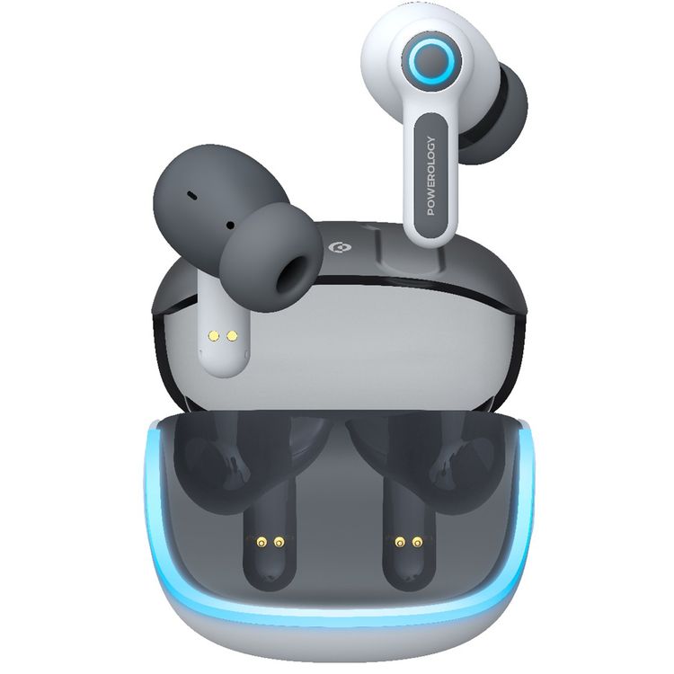 Powerology Quad Mic ENC True Wireless Earbuds, 6h Playtime, Bluetooth 5.3, Type-C Charging, 10m Transmission Distance, RGB Lights - White