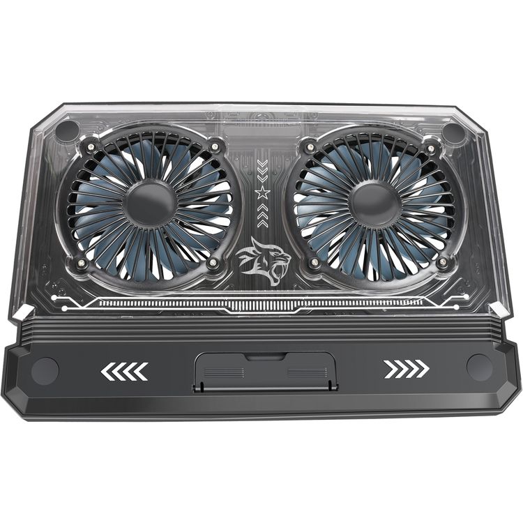 Porodo Gaming Crystal Shell Laptop Cooling Pad with Phone Holder, ABS, Metal & PC Material, 2 Fans, USB-A & USB-C Ports, 10-17" Devices Compatible, Anti-Slip Base, Ergonomic Design, Plug & Play - Black 