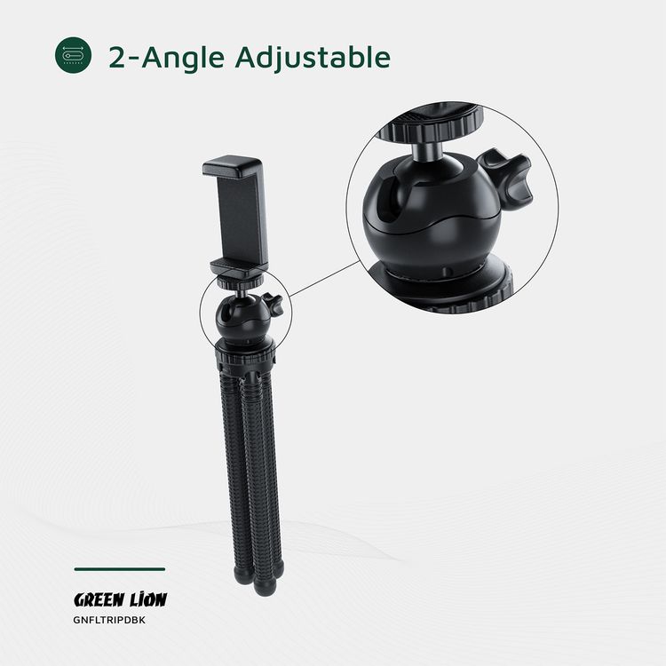 Green Lion Flexible Tripod with Foam Grips, ABS + TPR & Aluminum Material, 3kg Load Capacity, 360° Rotation, Flexible Legs, 2-Angle Adjustable, Pan & Tilt Functions - Black