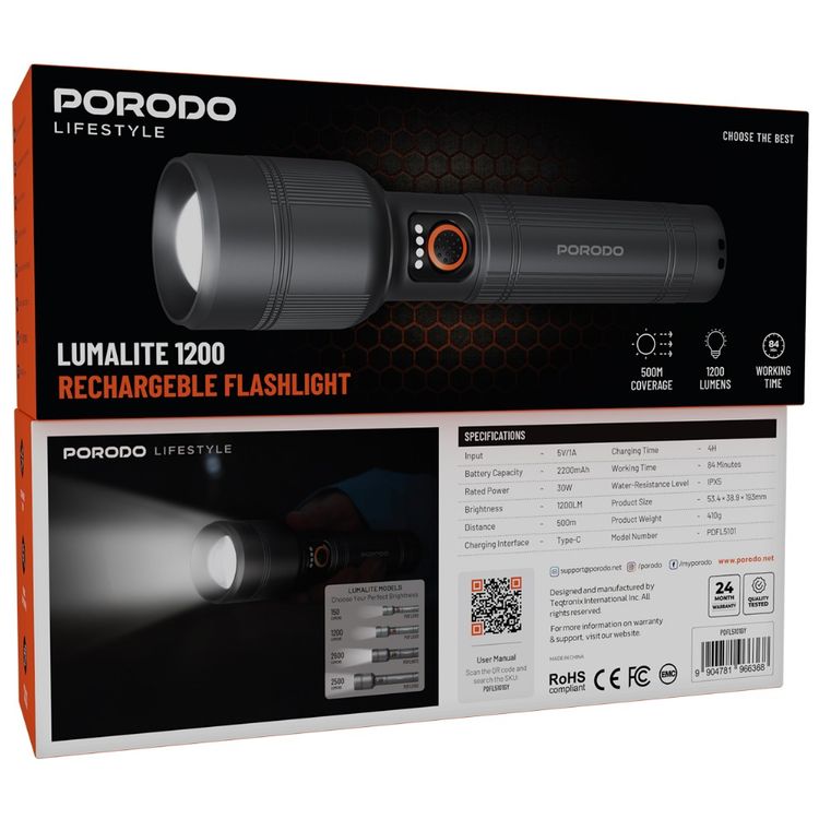Porodo Lifestyle Lumalite 1200 Lumens Rechargeable Flashlight with Multi-Mode Operation, 2200mAh Battery, Ultra-Bright Beam, Manual Zoom Control, 84 Minutes Working Time, 30W Rated Power, Up to 500m Coverage Area - Gray