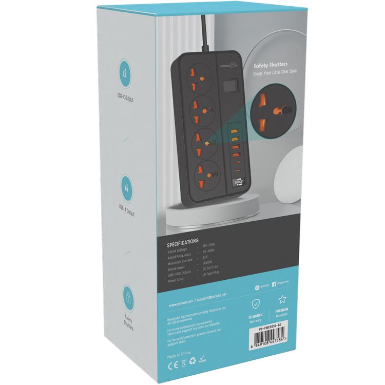Porodo 4AC Universal Power Strip with Premium Materials, Safety Shutters, 13A Maximum Current, USB-A&C Output - Black  