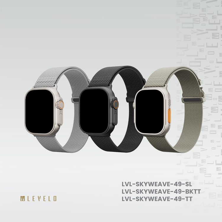 حزام ساعة Levelo SkyWeave، متوافق مع الساعات الذكية 49/46 ملم وساعة Apple Watch SE، السلسلة 9، 8، 7، 6، 5، هيكل من قطعتين، مقاوم للماء، للارتداء على مدار الساعة طوال أيام الأسبوع - التيتانيوم