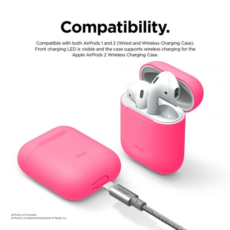 Elago Basic Skinny Case for Apple AirPods 1&2 Generation, Upgraded Premium Silicone, Front LED Visible, Dustproof Protective Cover, Compatibility With Wireless Chargers Neon Hot Pink