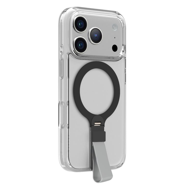 Levelo Spira MagSafe Clear Grip Case for iPhone 17 Pro Max, Strong Magnets, Horizontal & Vertical Viewing, Shock-Resistant Bumper, Anti-Scratch, 360° Rotating Metal Kickstand - Silverstone