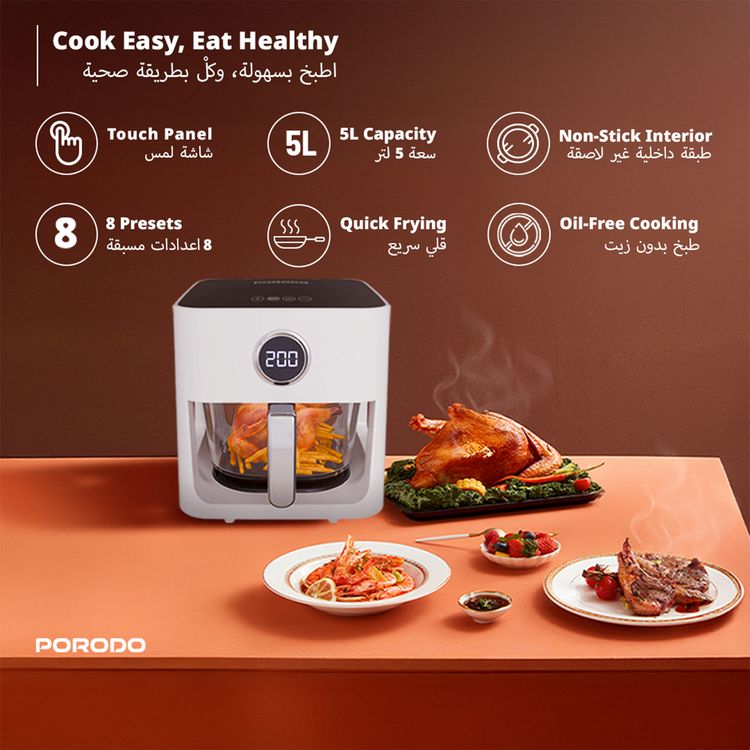 Porodo Lifestyle Glass Pot Air Fryer with 5L Capacity, Up to 60 Minutes Timer, 8 Presets, 360° Panoramic View, 1200W Rated Power, Food-Grade Glass Spot, Touch Panel - White