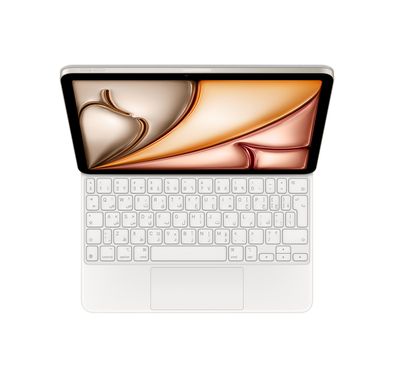 لوحة مفاتيح أبل ماجيك لجهاز iPad Air 11" M2 مع اللغة العربية، حماية أمامية وخلفية، مفاتيح مضيئة وآلية مقص، منفذ USB-C، تصميم محمول ونحيف، إيماءات اللمس المتعدد - أبيض