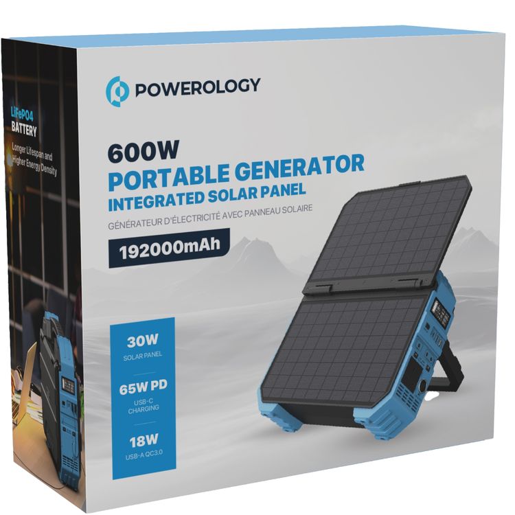 Powerology 600W 192000mAh Portable Generator Integrated Solar Panel, PD 65W, Solar Panel 30W, 18W QC 3.0 - Blue
