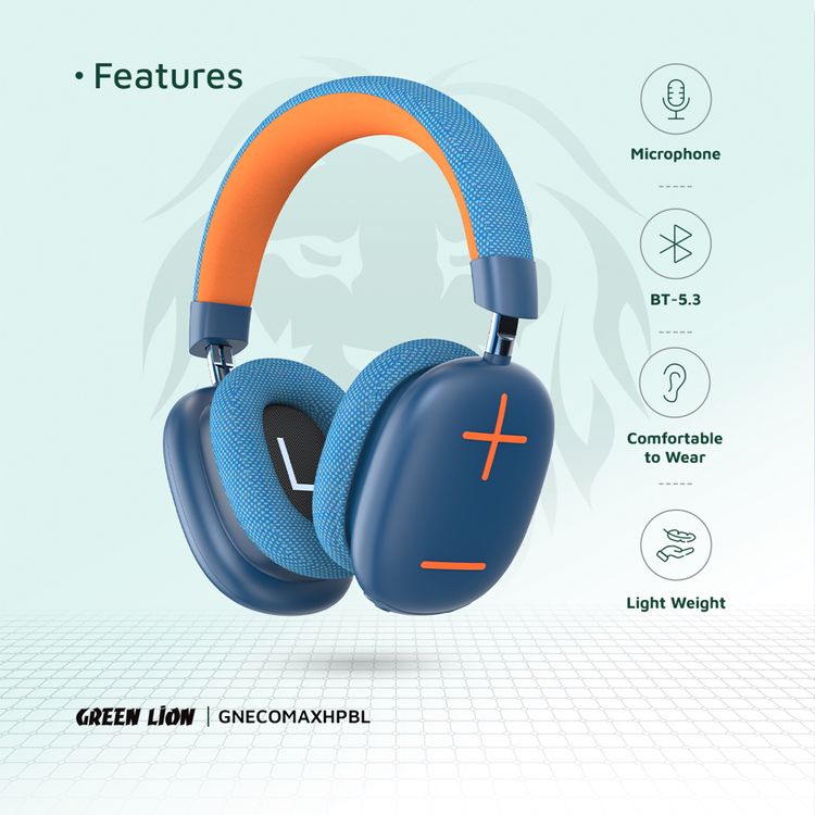 Green Lion Echo Max Wireless Headphones, Comfortable To Wear, Built-in Microphone, Lightweight, 40mm Magnet Size, 10m Maximum Range, 48 Hours Play Time - Blue