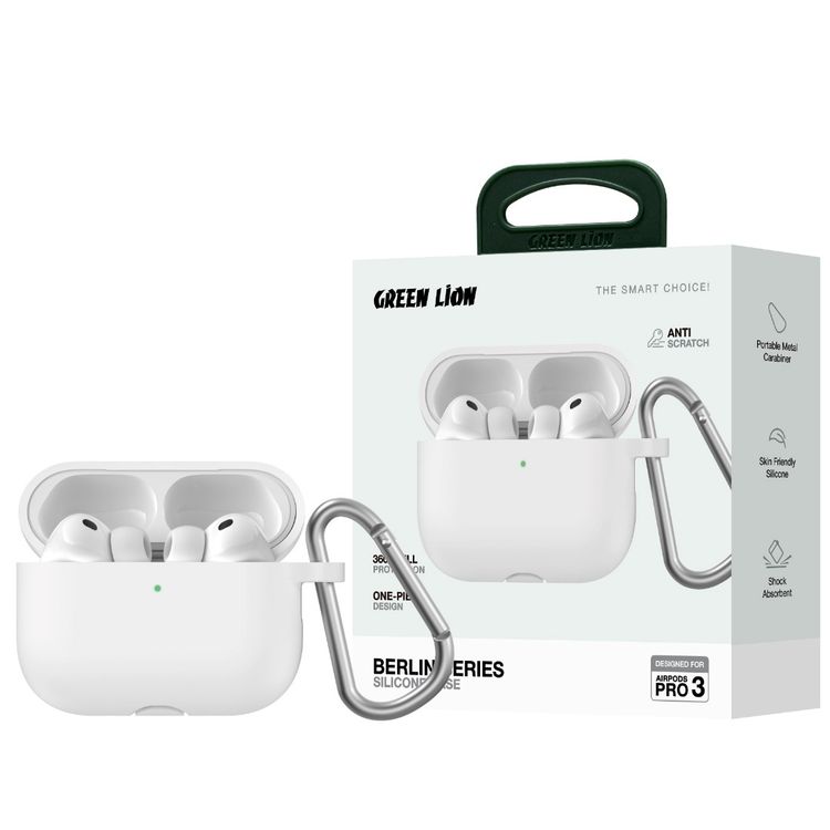 حافظة سيليكون لسماعات آيربودز برو 3 من سلسلة جرين ليون برلين مع مشبك معدني محمول، حماية كاملة بزاوية 360°، ملاءمة سلسة، ملمس صديق للبشرة، تصميم قطعة واحدة، مقاومة للخدش، مقاومة للصدمات - أبيض