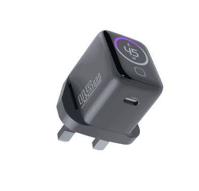 Powerology Voltflow 45W AVS GaN Wall Charger with 1m USB-C to USB-C Cable, 480Mbps Data Transfer Speed,  25°C to 50°C Operating Temperature, 110-240V Rated Voltage, Smart TFT Display, Rapid Power Delivery, PC Material - Gray